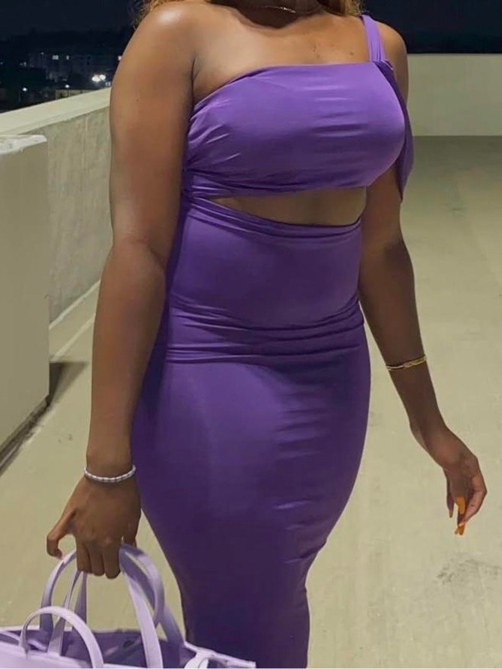 Purple One-Shoulder Cutout Bodycon Dress